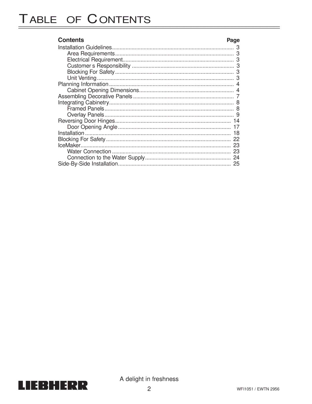 Liebherr EWTN installation instructions Table of Contents 