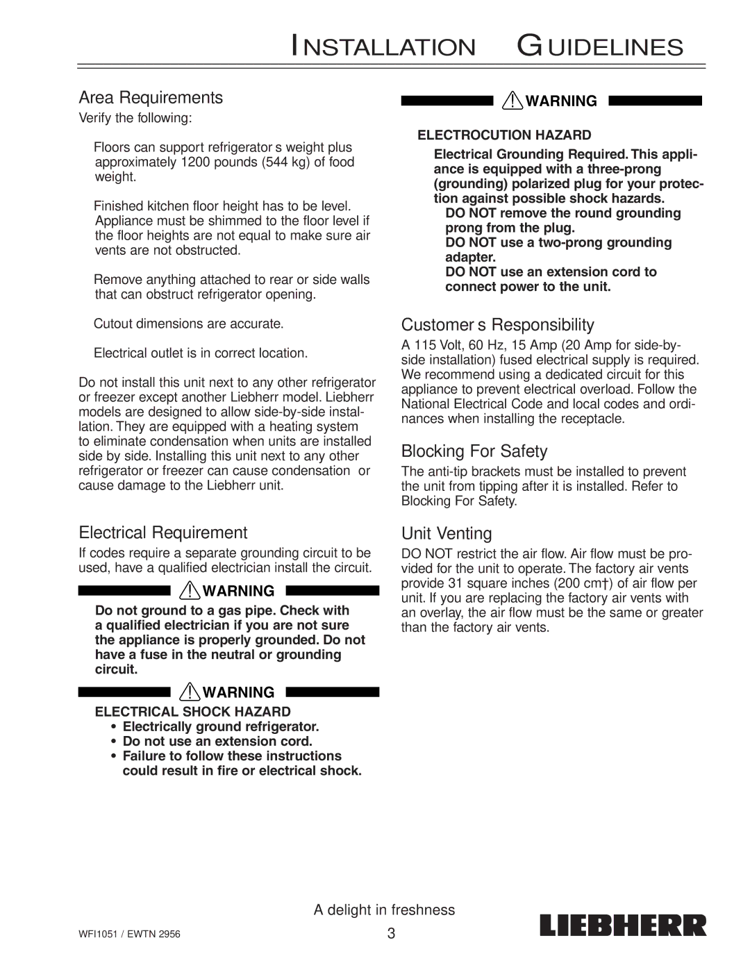 Liebherr EWTN installation instructions Installation Guidelines 