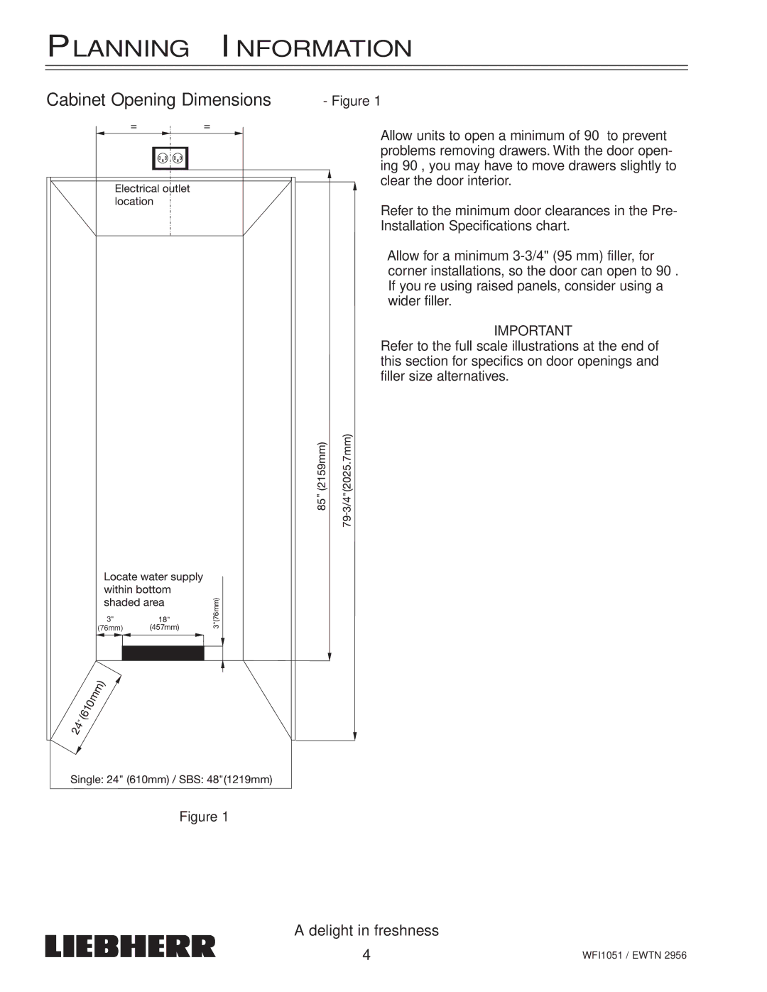 Liebherr EWTN installation instructions Planning Information, Cabinet Opening Dimensions Figure 