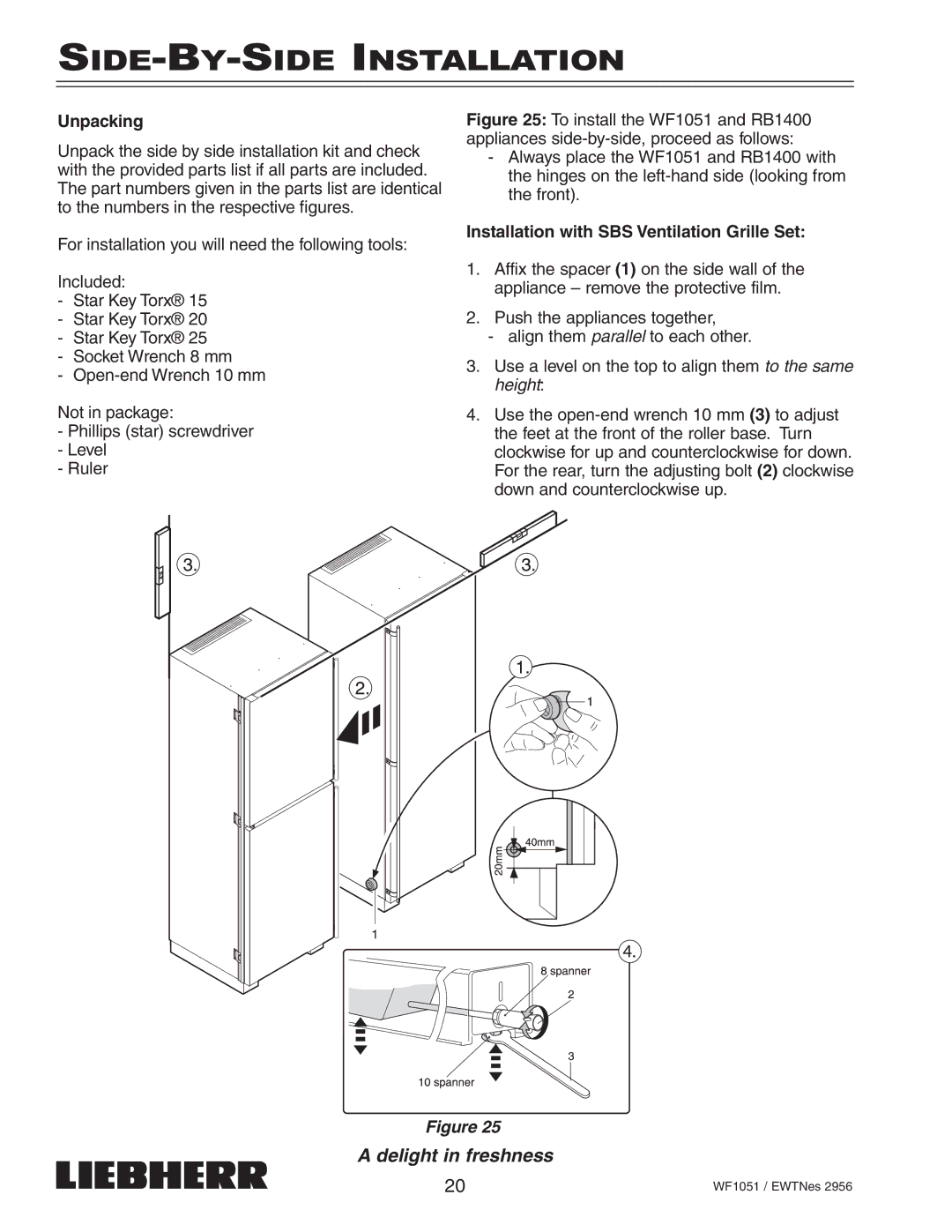 Liebherr EWTNes 2956 installation instructions SIDE-BY-SIDE Installation, Installation with SBS Ventilation Grille Set 