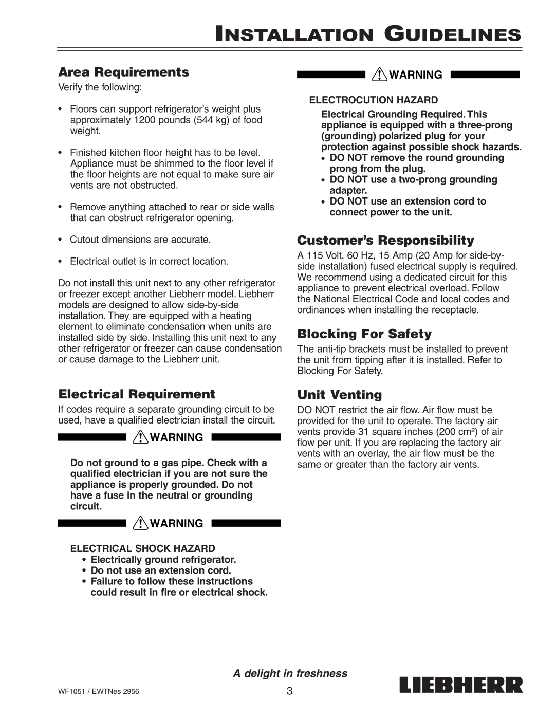 Liebherr EWTNes 2956 installation instructions Installation Guidelines 