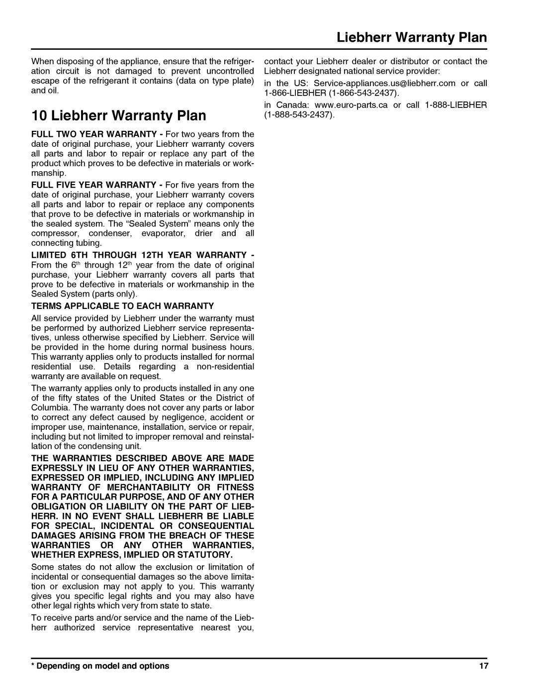 Liebherr F1051, FI1051 manual Liebherr Warranty Plan 