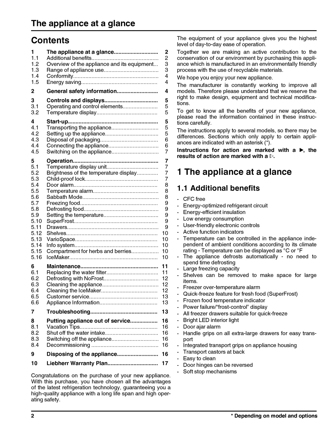 Liebherr FI1051, F1051 manual The appliance at a glance, Contents, Additional benefits 