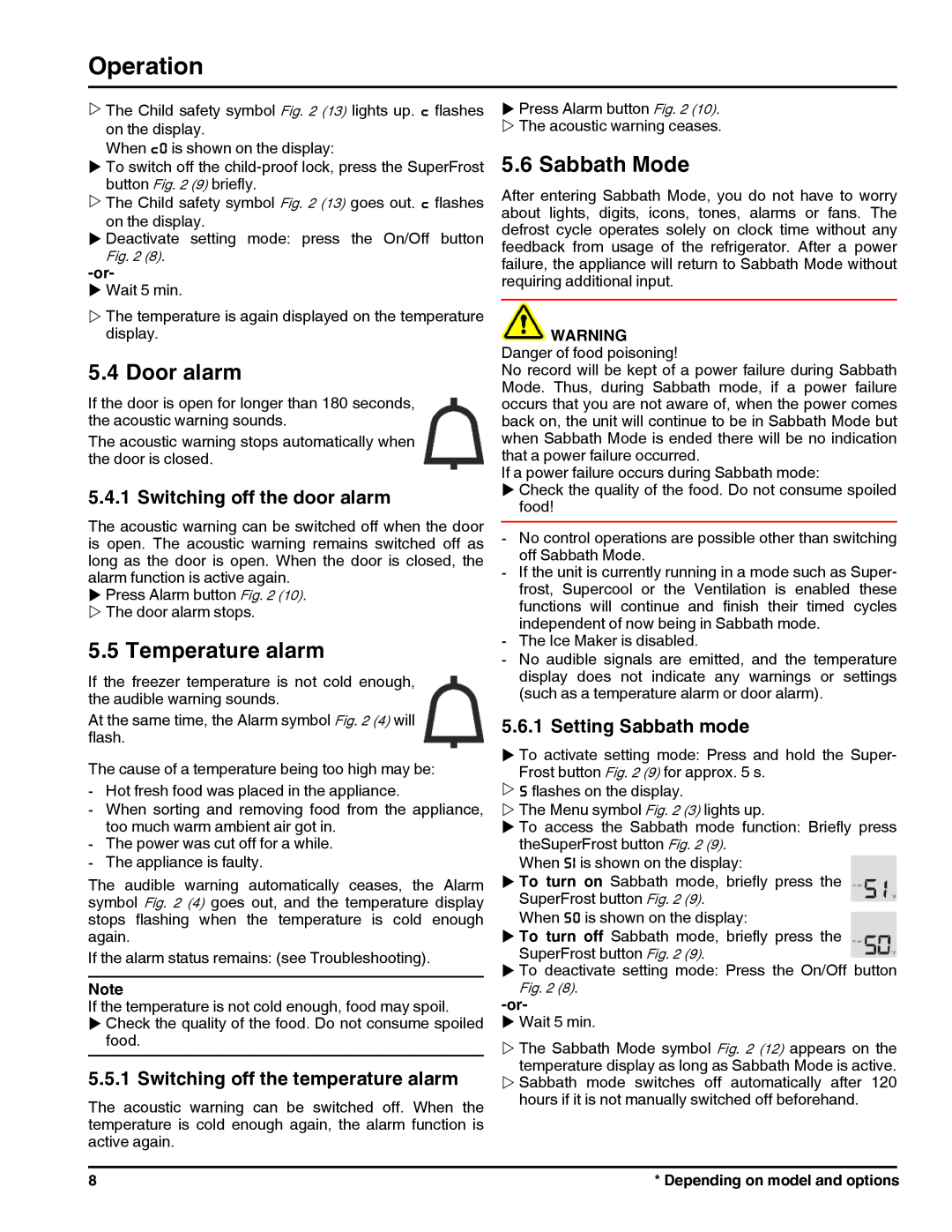 Liebherr FI1051 Door alarm, Temperature alarm, Sabbath Mode, Switching off the door alarm, Setting Sabbath mode, Operation 