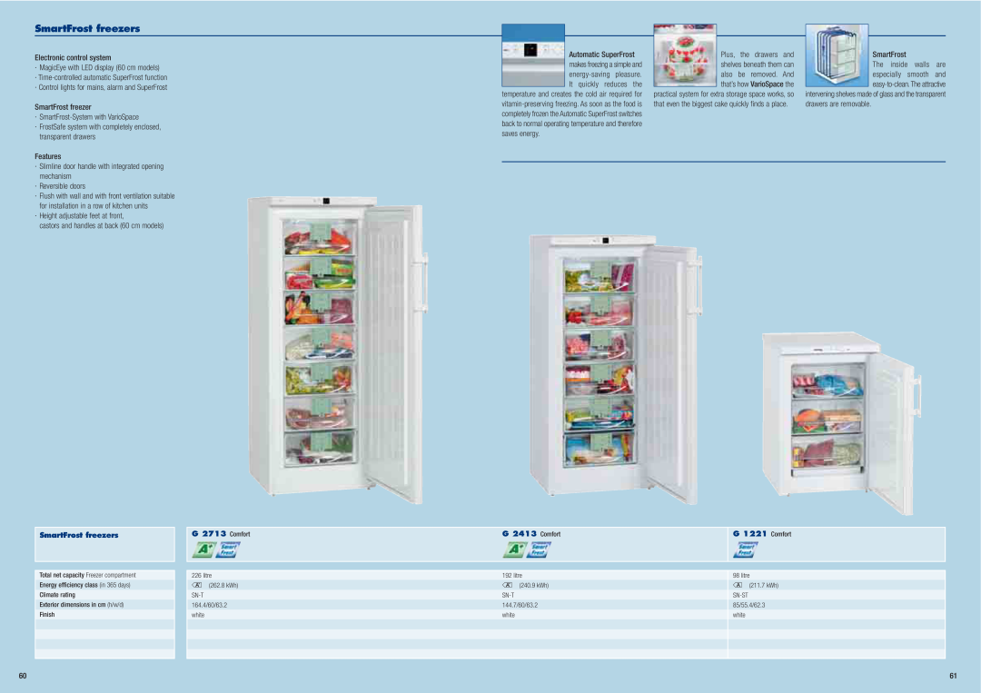 Liebherr Freestanding Refrigerator manual SmartFrost freezers, G 2713 Comfort, G 2413 Comfort, G 1221 Comfort 