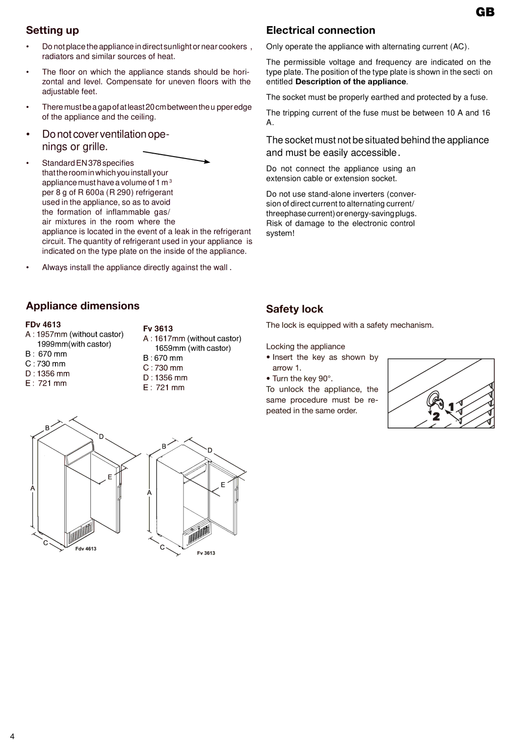 Liebherr FV3613, FDV4613 manual Setting up, Electrical connection 