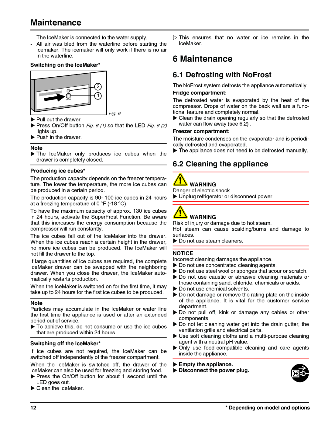 Liebherr HC 1011/1060 HC 1001/1050 121113 7082698 - 00 manual Maintenance, Defrosting with NoFrost, Cleaning the appliance 