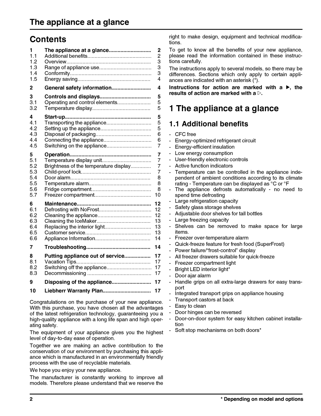 Liebherr HC 1011/1060 HC 1001/1050 121113 7082698 - 00 manual Appliance at a glance Contents 