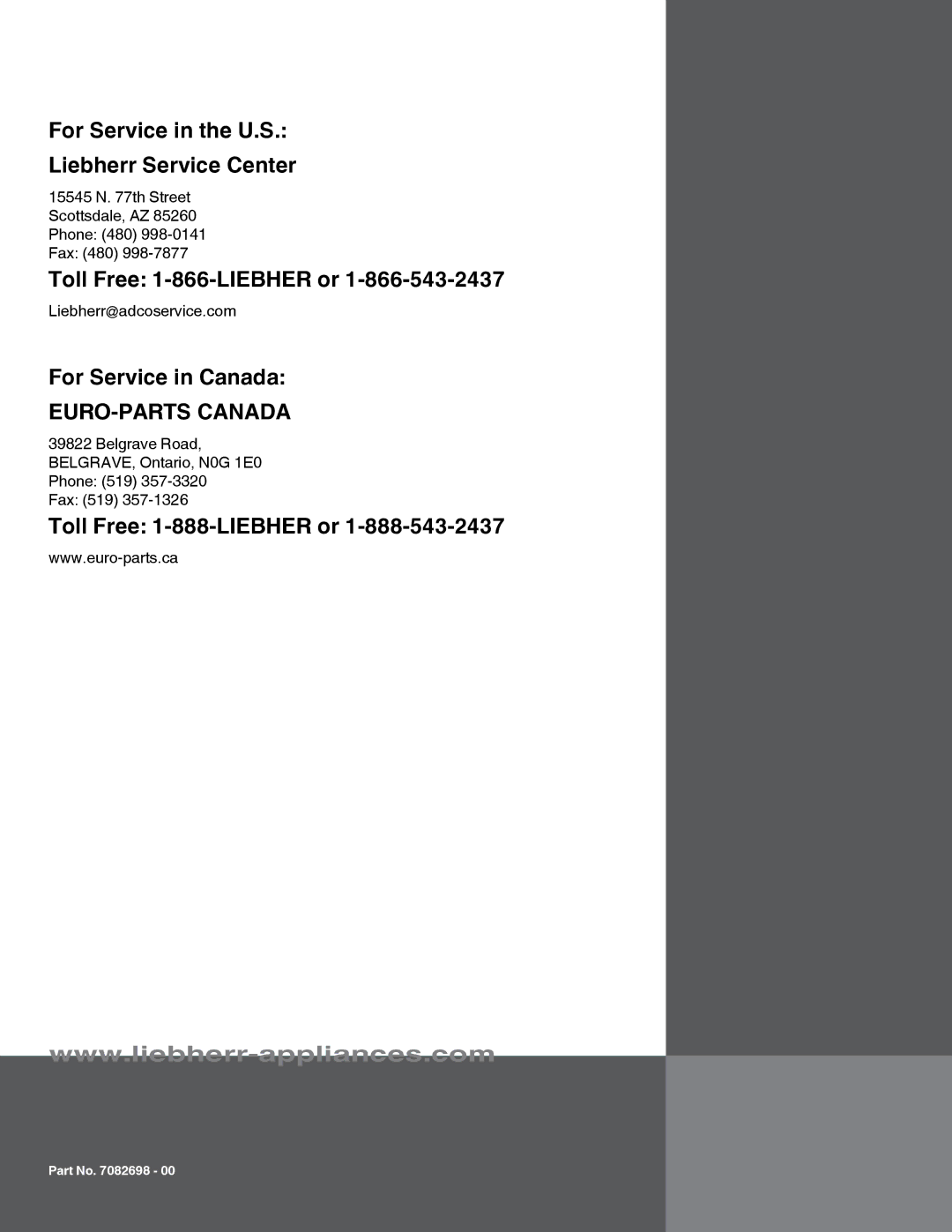 Liebherr HC 1011/1060 HC 1001/1050 121113 7082698 - 00 manual For Service in the U.S Liebherr Service Center 