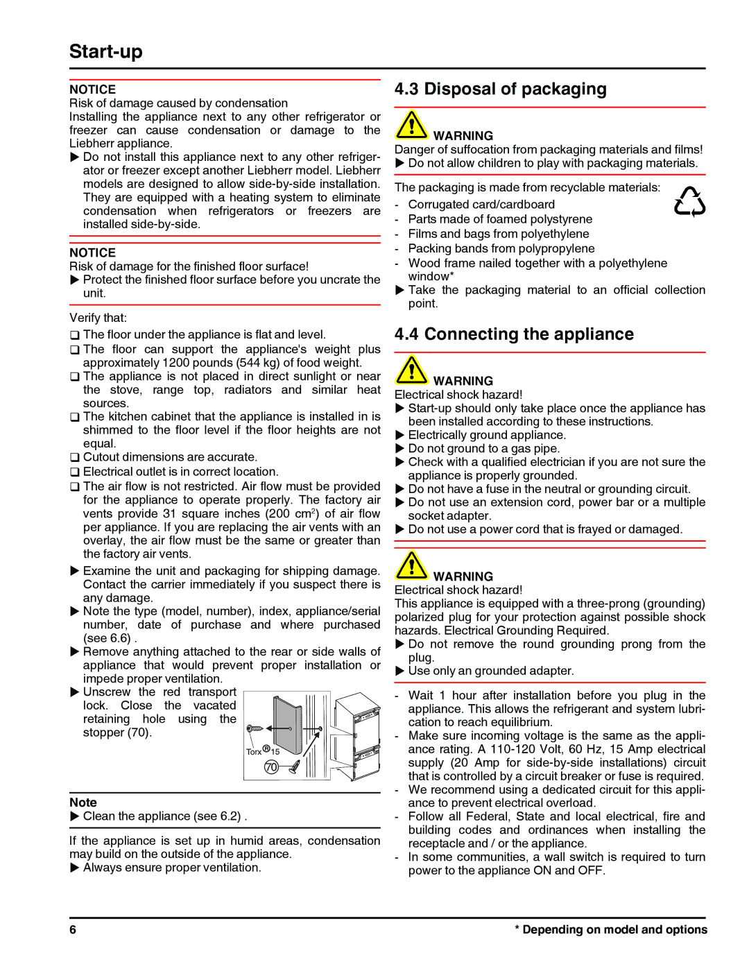 Liebherr HC 1011/1060 HC 1001/1050 121113 7082698 - 00 manual Disposal of packaging, Connecting the appliance 