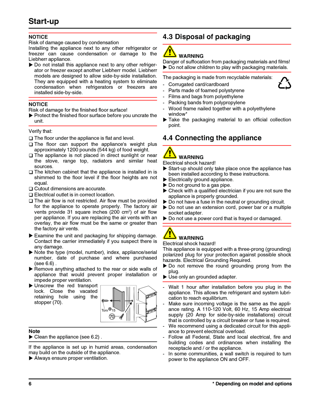 Liebherr HC 1011/1060 HC 1001/1050 121113 7082698 - 00 manual Start-up, Disposal of packaging, Connecting the appliance 