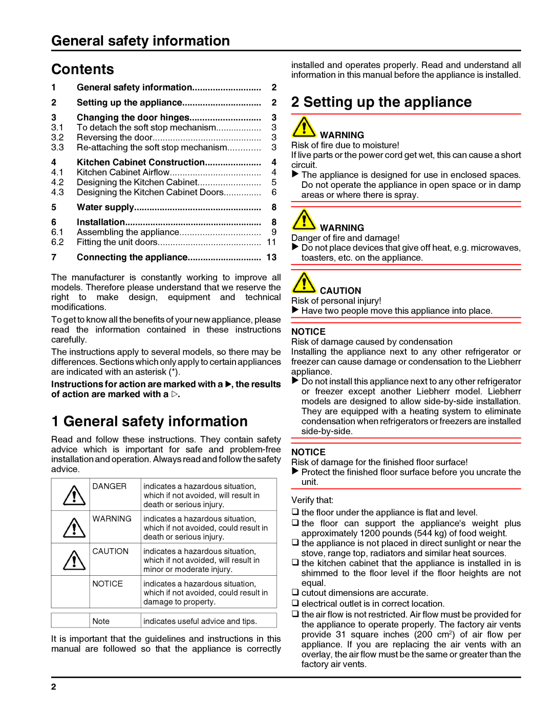 Liebherr 7084000-01, HC 1011/1060 General safety information, Contents, Setting up the appliance, Changing the door hinges 