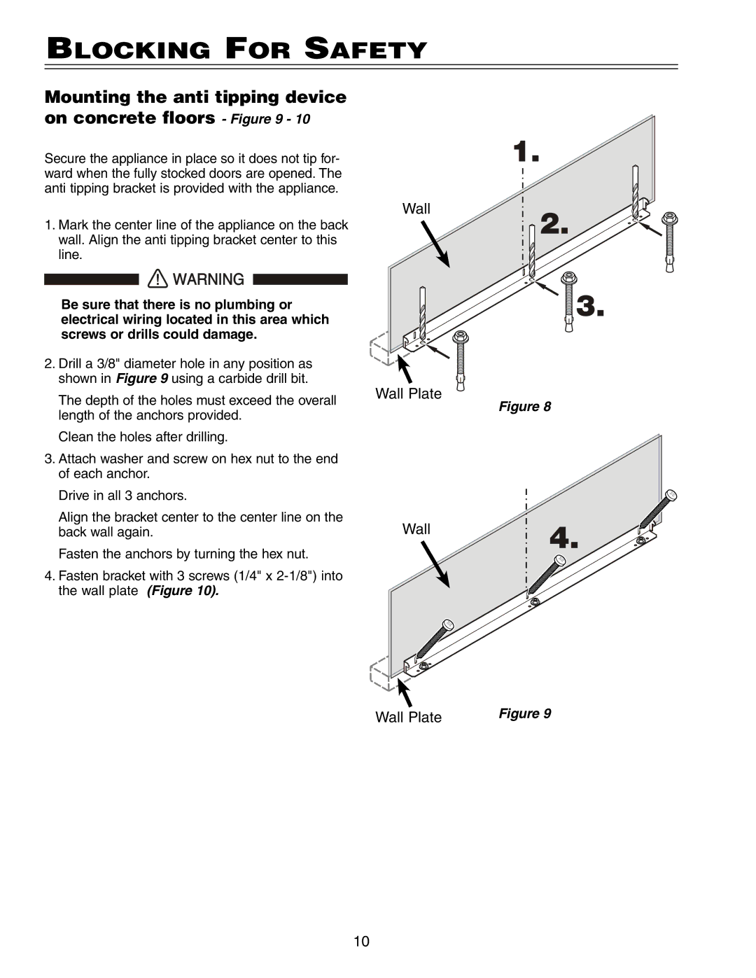 Liebherr HC 20 manual Blocking for Safety, Mounting the anti tipping device on concrete floors 