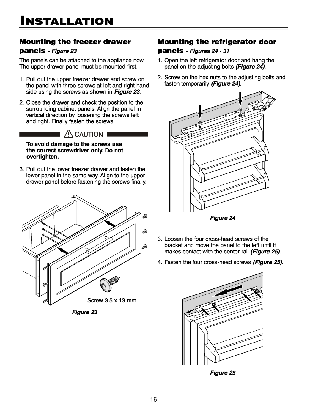 Liebherr HC 20 manual Mounting the freezer drawer, Mounting the refrigerator door, Installation, panels - Figure 