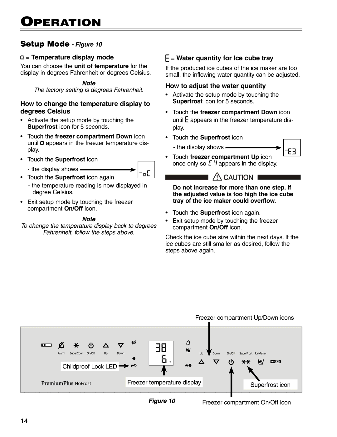 Liebherr CS 7081411-00, HC 7081411-00 Setup Mode Figure, = Temperature display mode, = Water quantity for Ice cube tray 