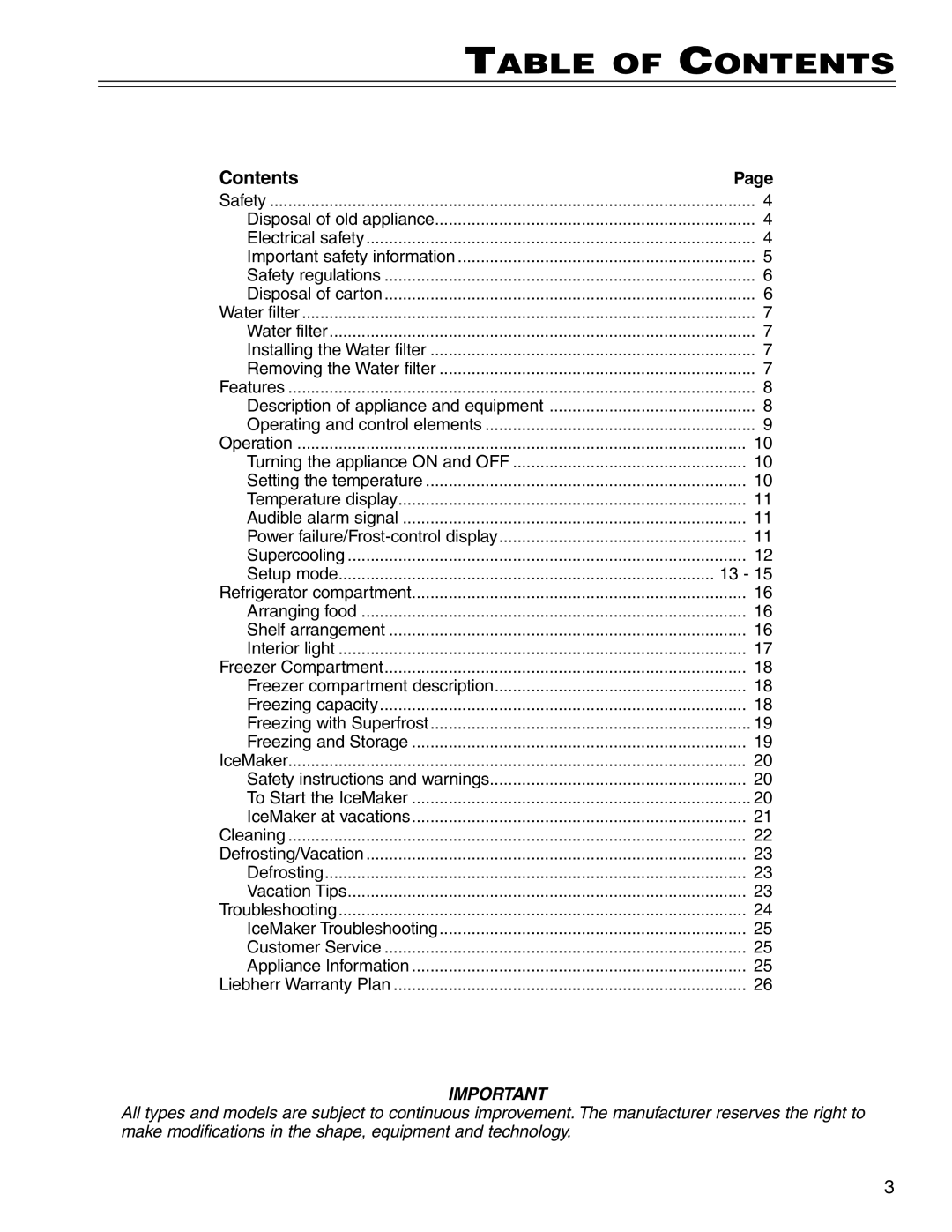 Liebherr HC 7081411-00, HCS 7081411-00 manual Table of Contents 