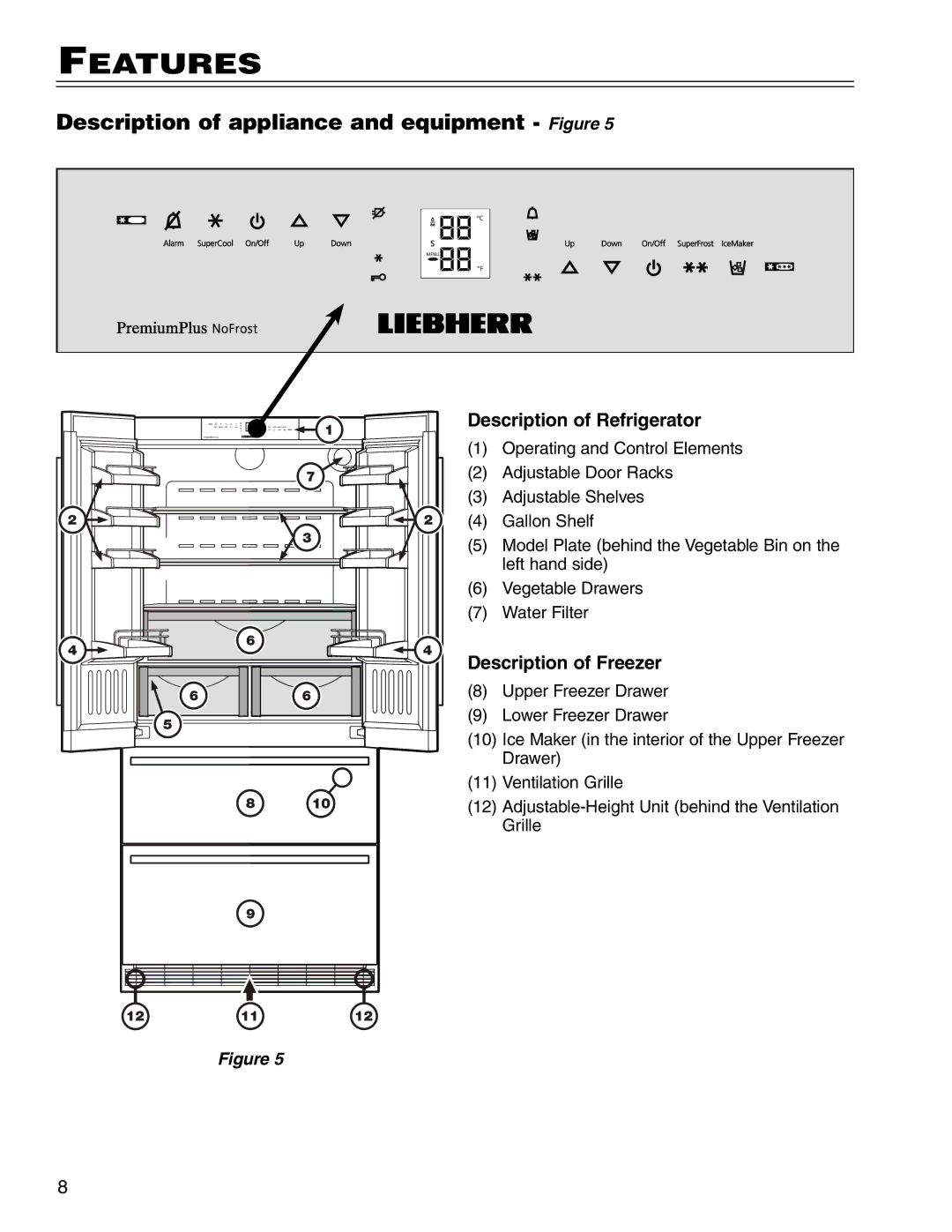 Liebherr CS 7081411-00, HC 7081411-00 Features, Description of appliance and equipment Figure, Description of Refrigerator 