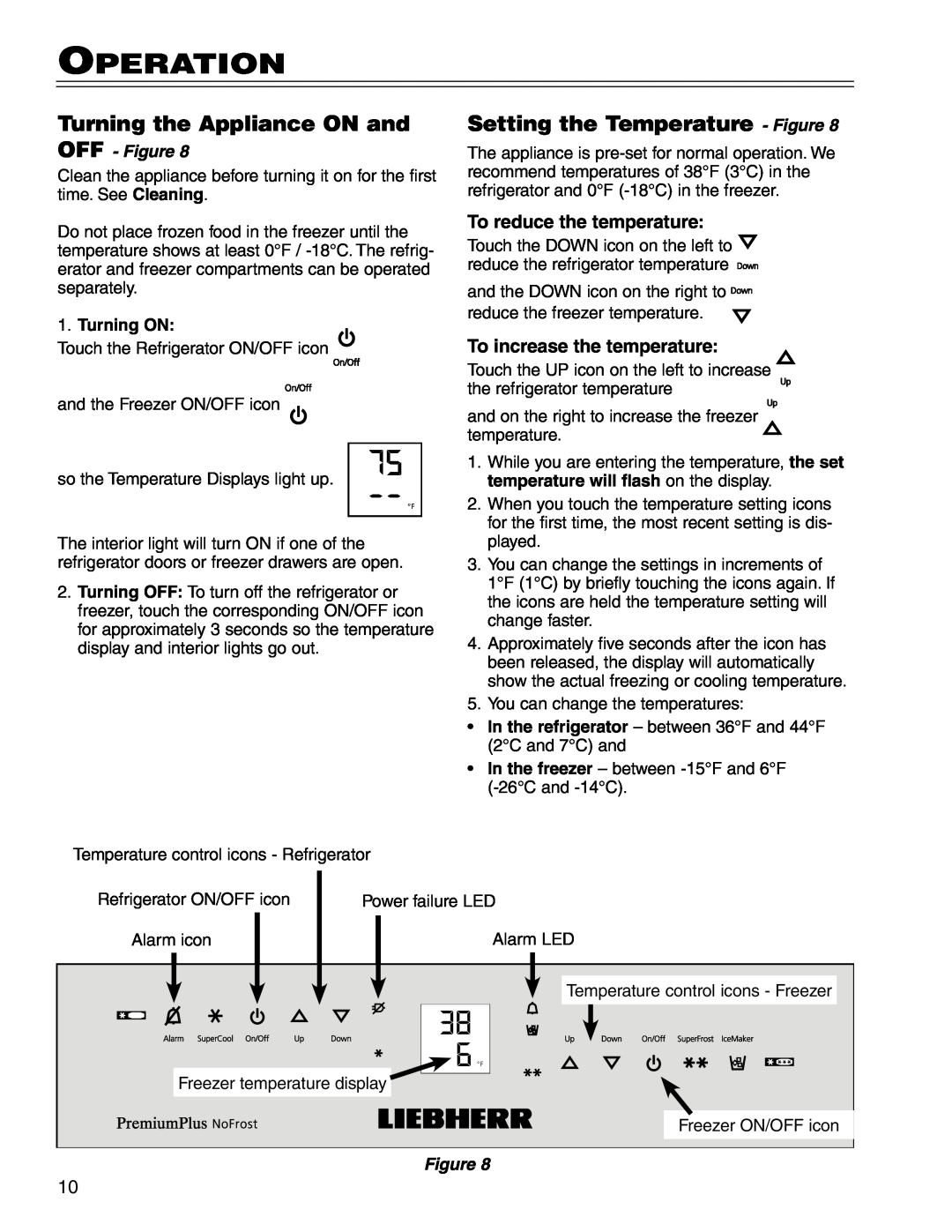 Liebherr HCS 7081411-00 manual Operation, Turning the Appliance ON and, Setting the Temperature - Figure, OFF - Figure 