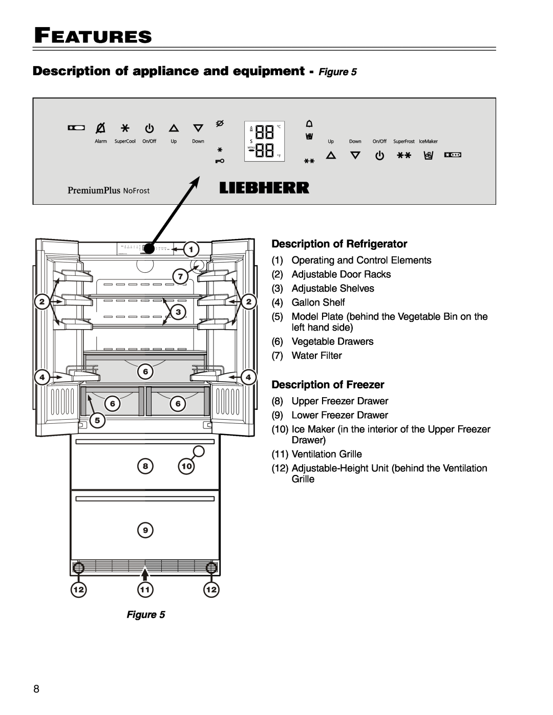 Liebherr CS 7081411-00 manual Features, Description of appliance and equipment - Figure, Description of Refrigerator 