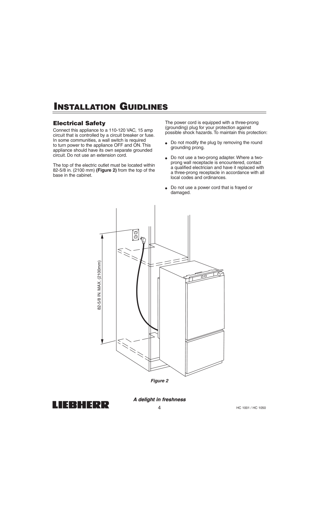 Liebherr HC1001, HC1050 installation manual Installation Guidlines, Electrical Safety, A delight in freshness 