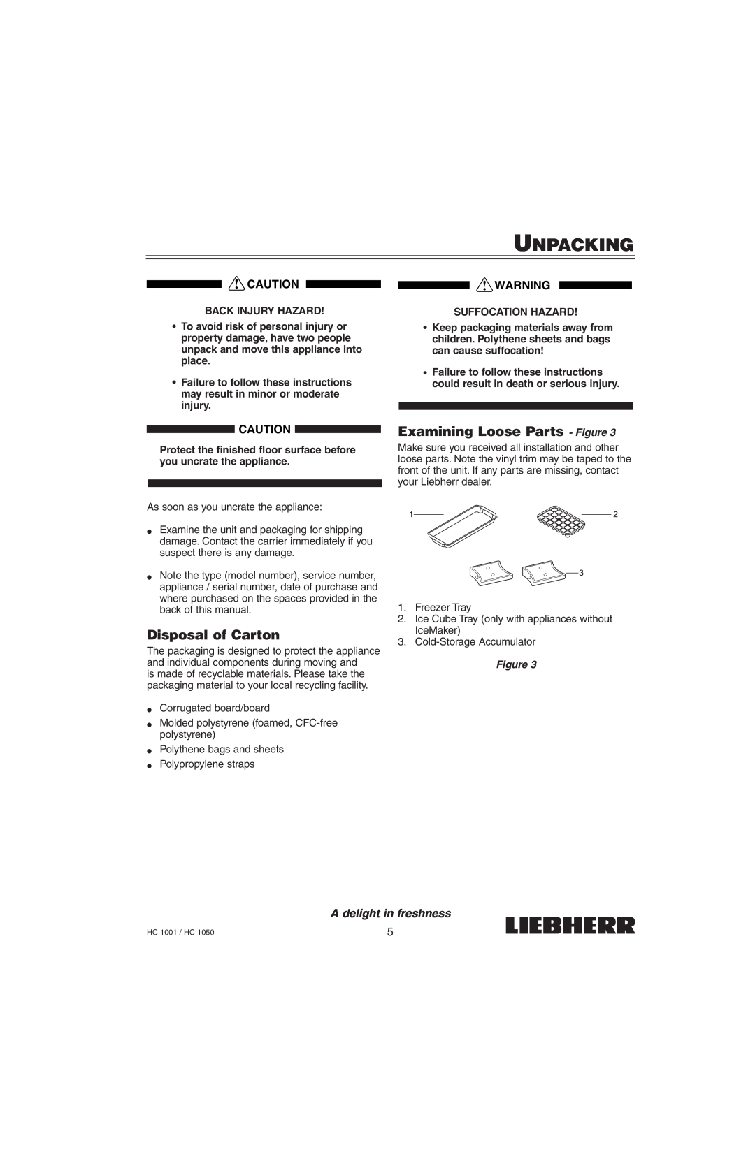Liebherr HC1050 Unpacking, Disposal of Carton, Examining Loose Parts - Figure, Back Injury Hazard, Suffocation Hazard 