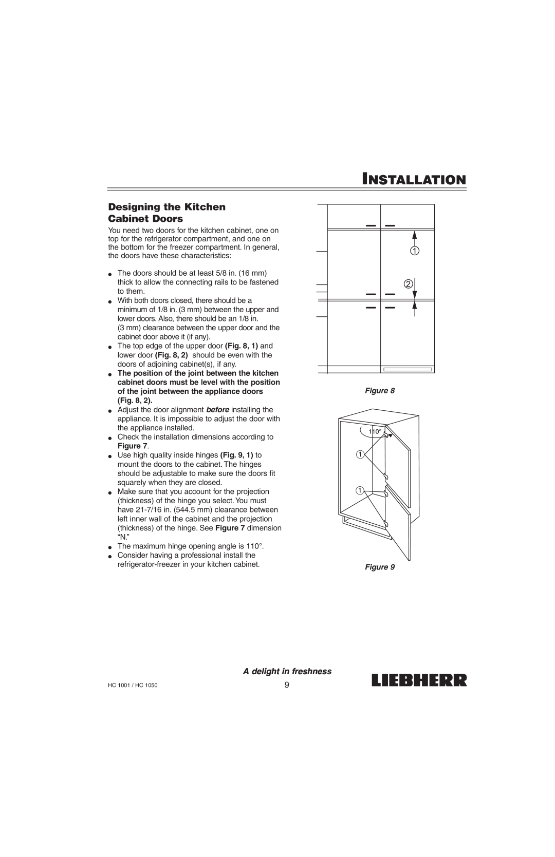 Liebherr HC1050, HC1001 installation manual Designing the Kitchen Cabinet Doors, Installation, A delight in freshness 