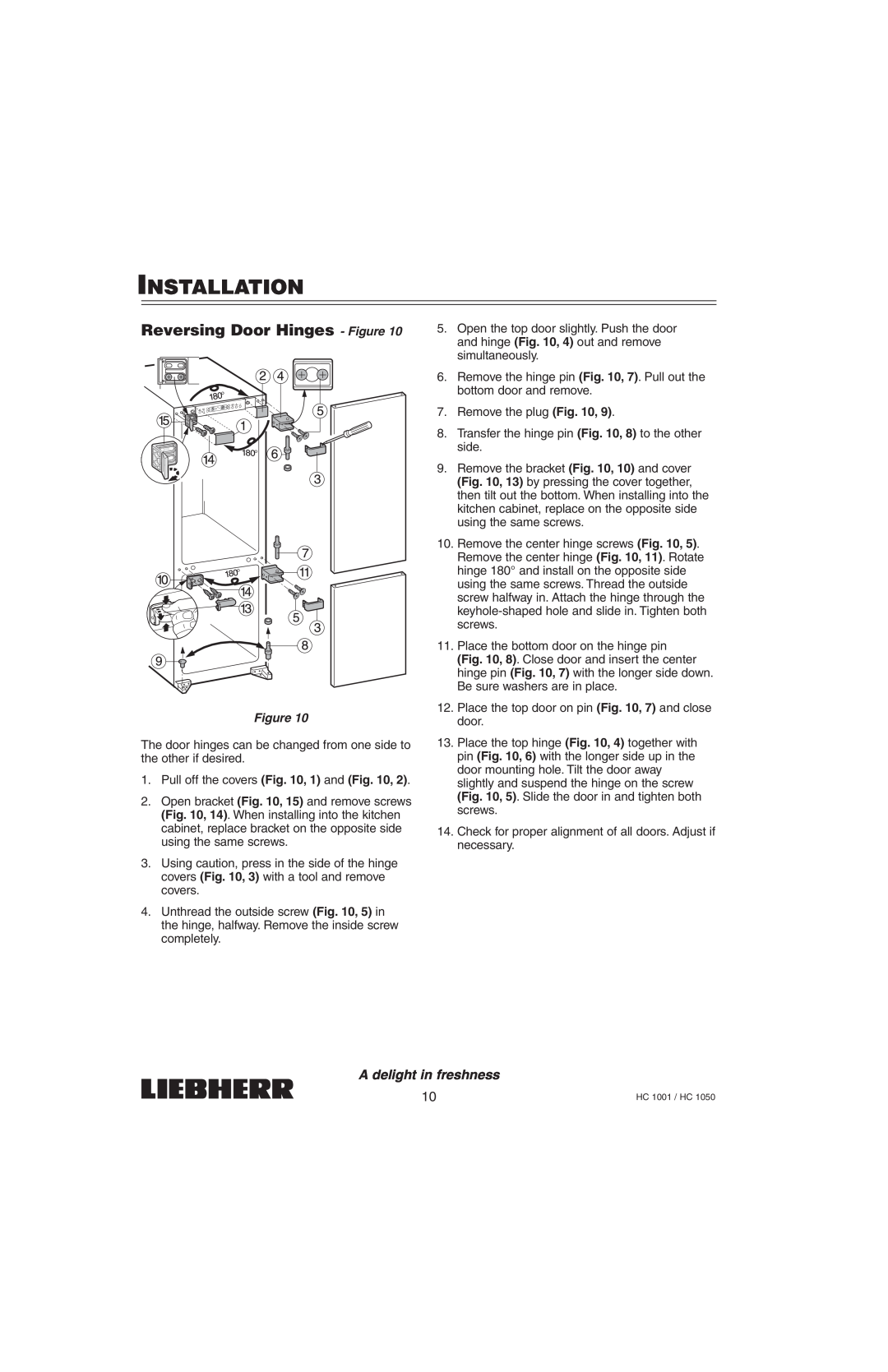 Liebherr HC1001, HC1050 installation manual Reversing Door Hinges - Figure, Installation, A delight in freshness 