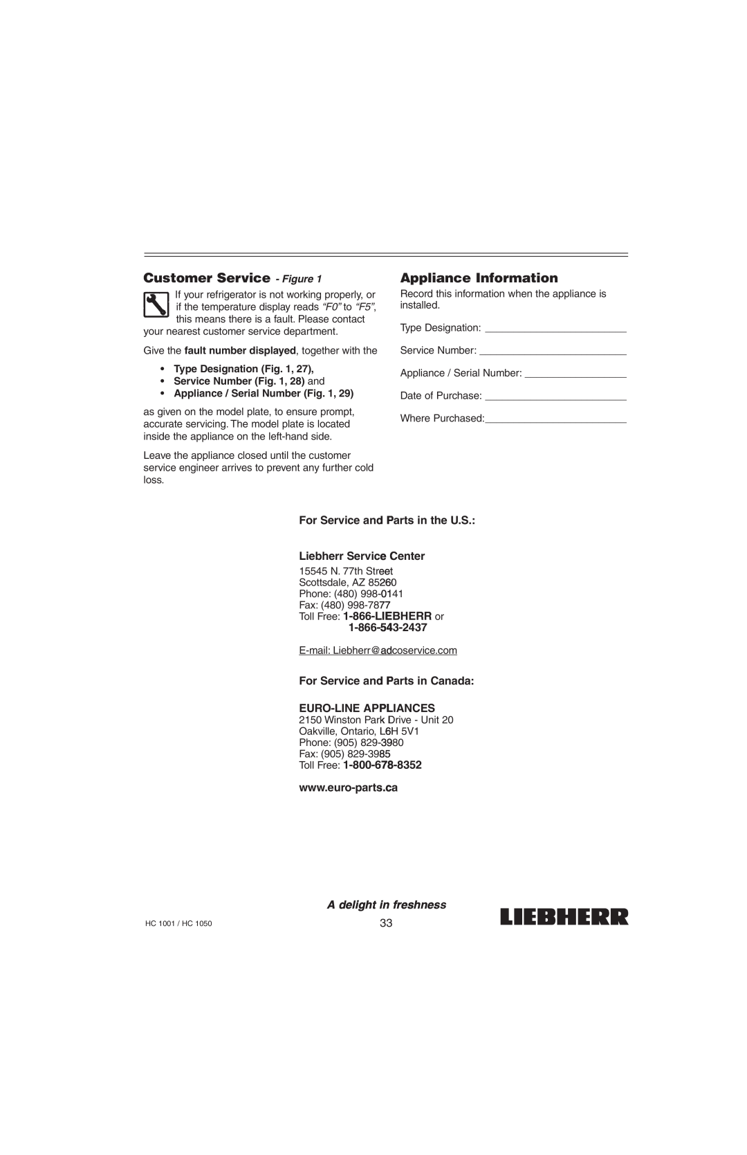 Liebherr HC1050 Customer Service - Figure, Appliance Information, For Service and Parts in the U.S Liebherr Service Center 