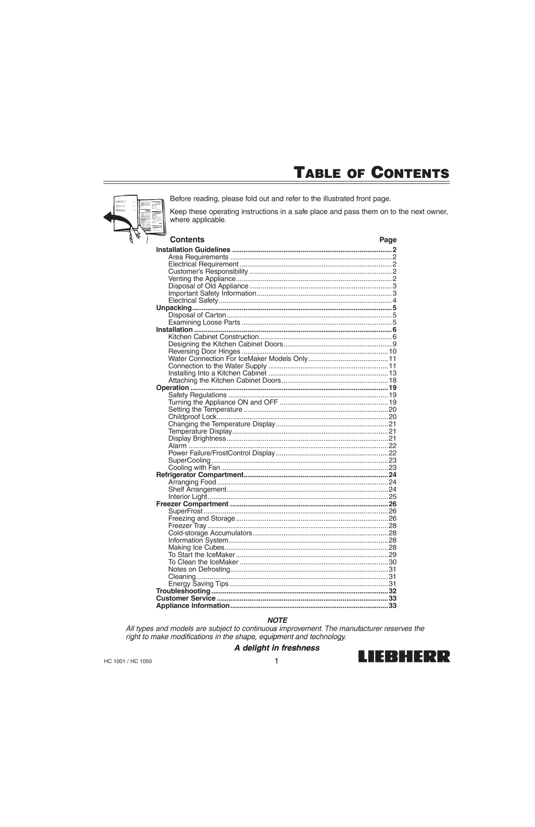 Liebherr HC1050, HC1001 installation manual Table Of Contents, A delight in freshness 