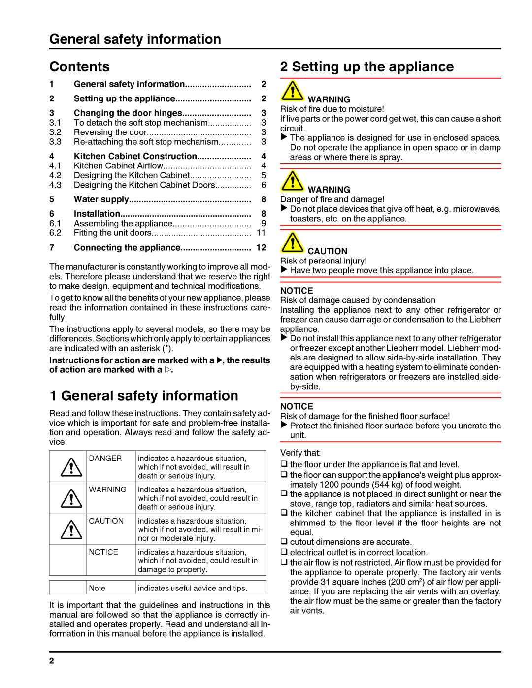 Liebherr HC1011, HC1060 installation instructions General safety information Contents, Setting up the appliance 