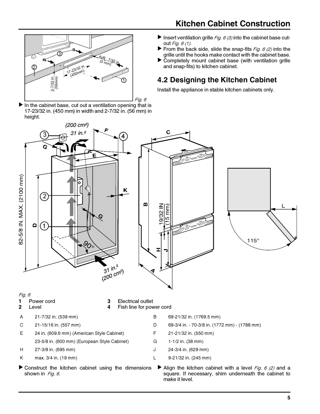 Liebherr HC1060, HC1011 Designing the Kitchen Cabinet, Electrical outlet Power cord Level Fish line for power cord 