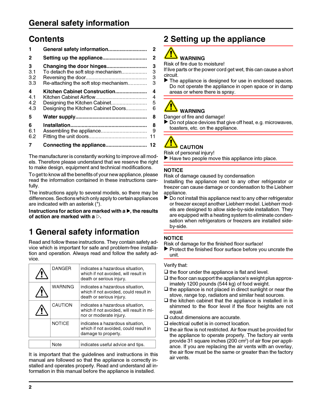 Liebherr HC1011, HC1060 General safety information, Contents, Setting up the appliance, Changing the door hinges 