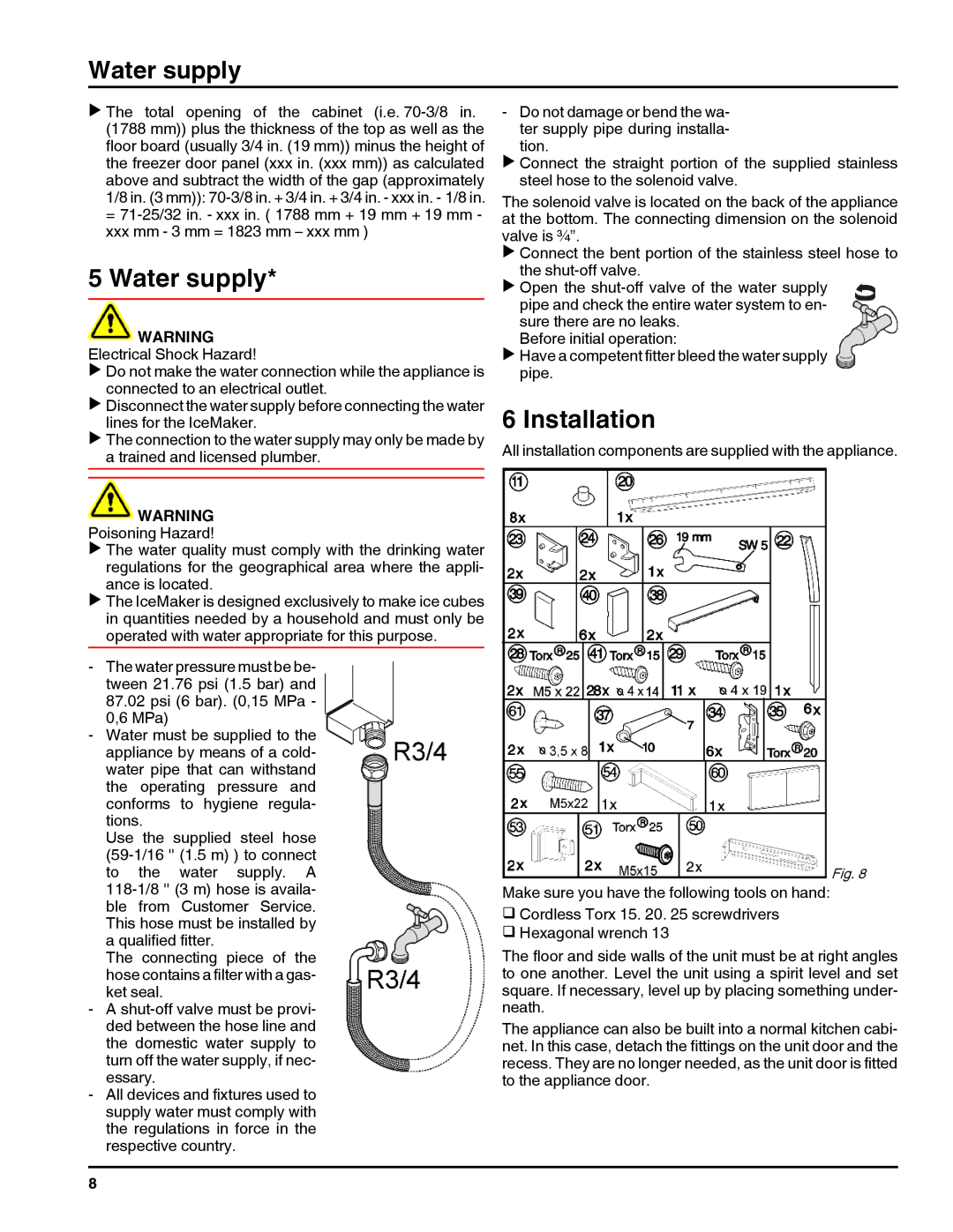 Liebherr HC1011, HC1060 installation instructions Water supply, Installation 