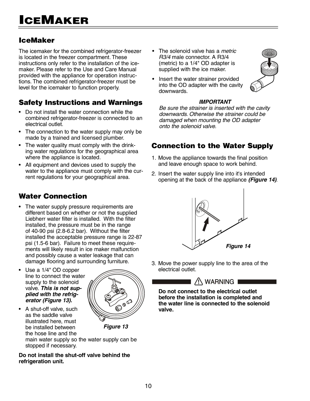 Liebherr HCB 2062, HC 2062 IceMaker, Safety Instructions and Warnings, Connection to the Water Supply, Water Connection 