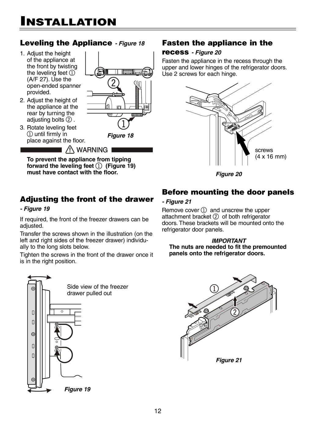 Liebherr HCB 2062, HC 2062 Installation, Leveling the Appliance Figure, Fasten the appliance in the recess 