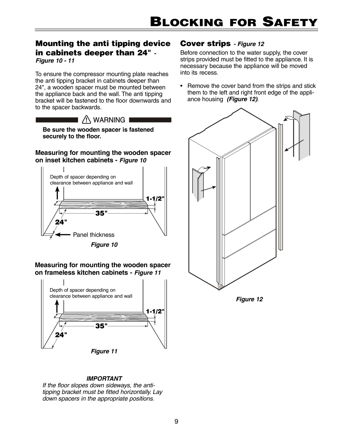 Liebherr HC 2062, HCB 2062 Mounting the anti tipping device in cabinets deeper than, Cover strips Figure 