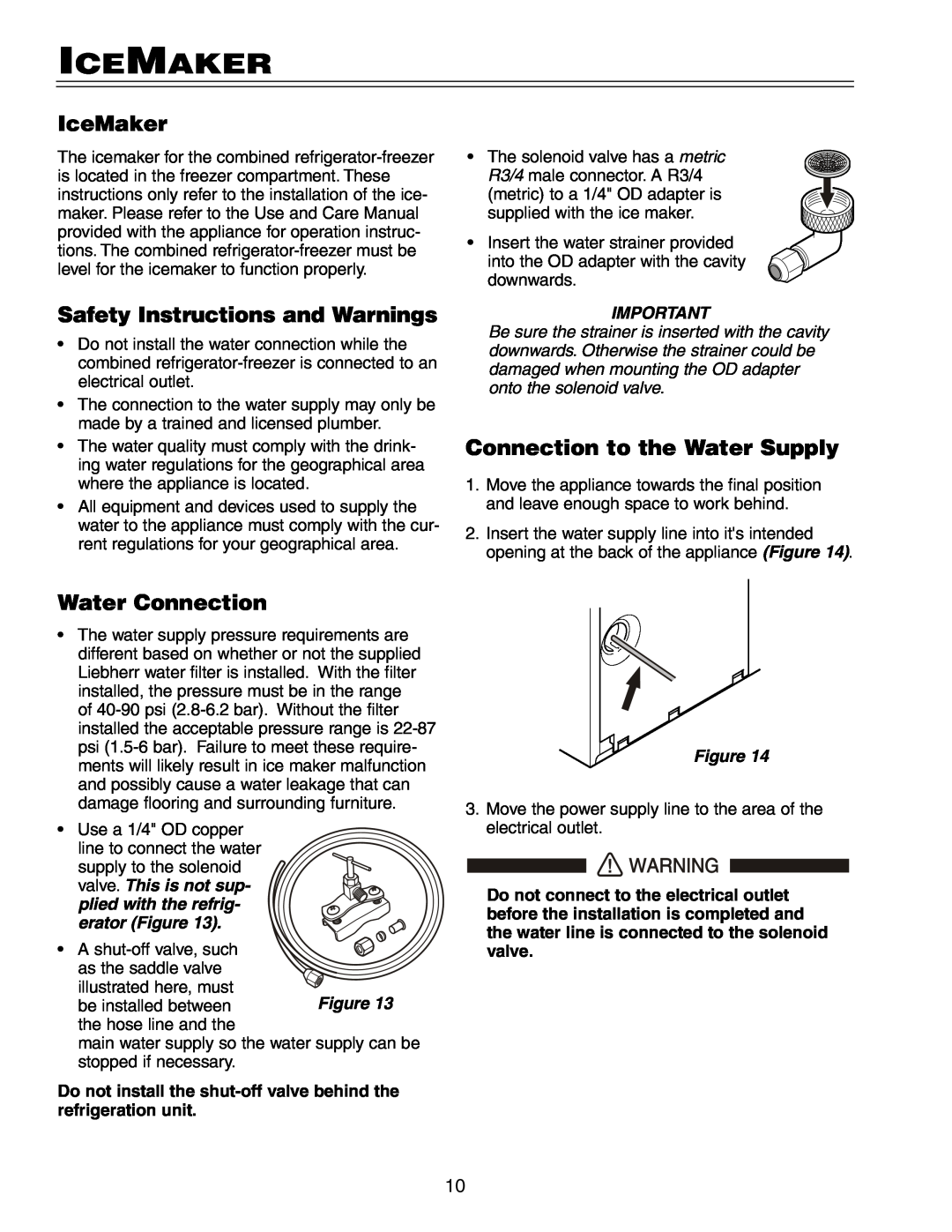 Liebherr HCB 2062, HC 2062 IceMaker, Safety Instructions and Warnings, Connection to the Water Supply, Water Connection 