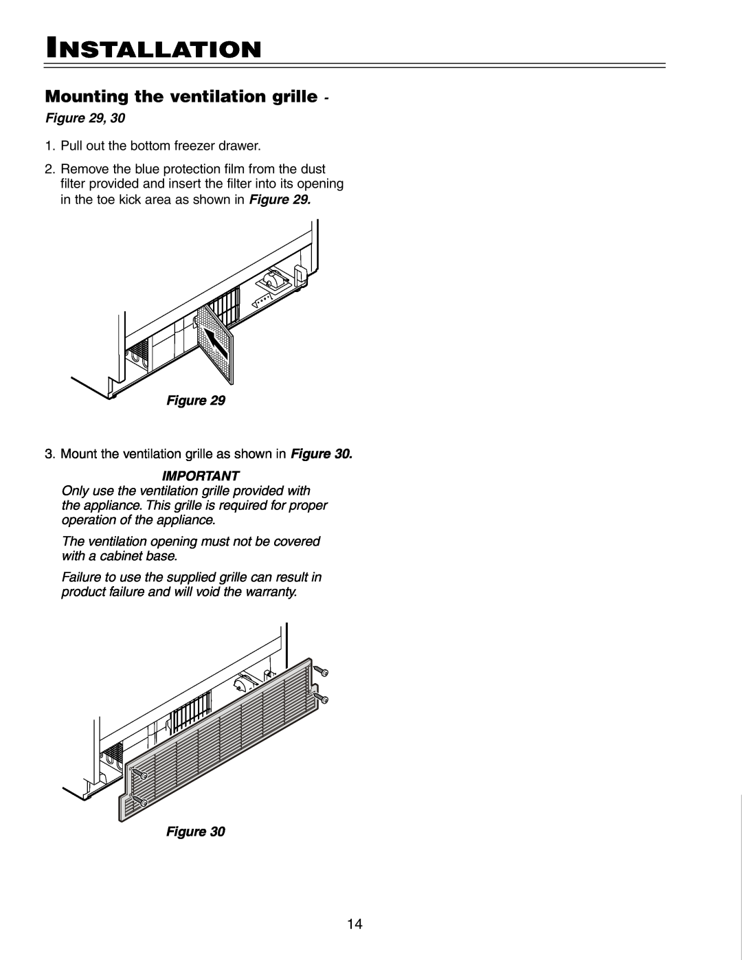 Liebherr HCS 20 installation instructions Mounting the ventilation grille, Installation 