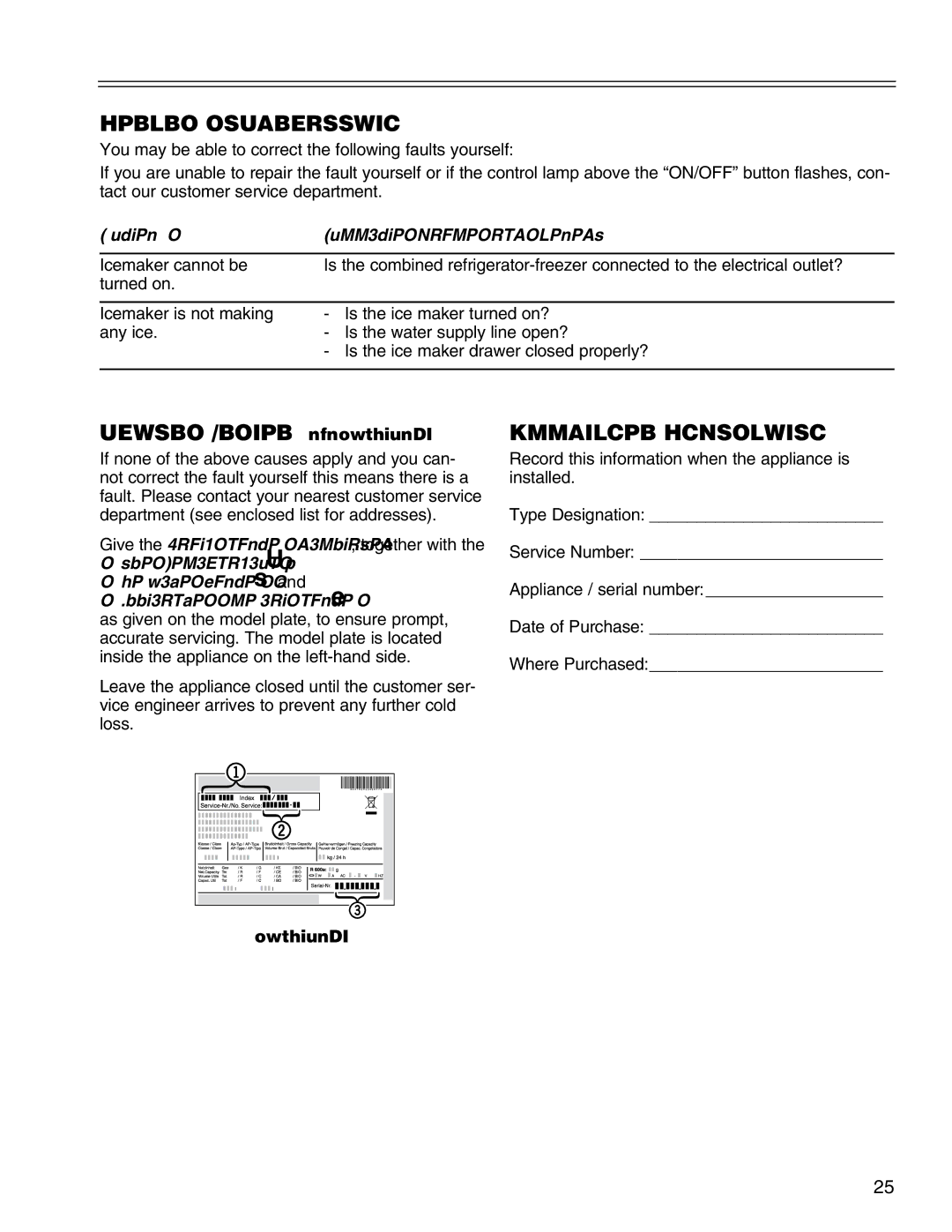 Liebherr 7081 411-01, HCS manual IceMaker Troubleshooting, Customer Service Figure, Appliance Information 