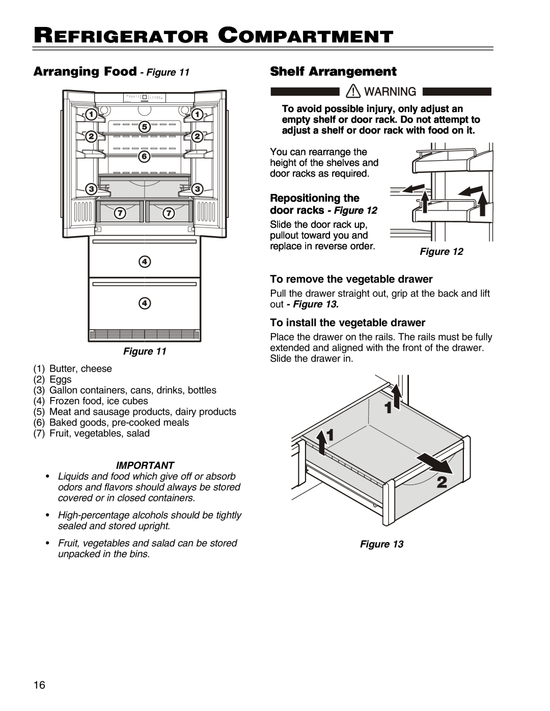 Liebherr HCS Refrigerator Compartment, Arranging Food - Figure, Shelf Arrangement, Repositioning the door racks - Figure 