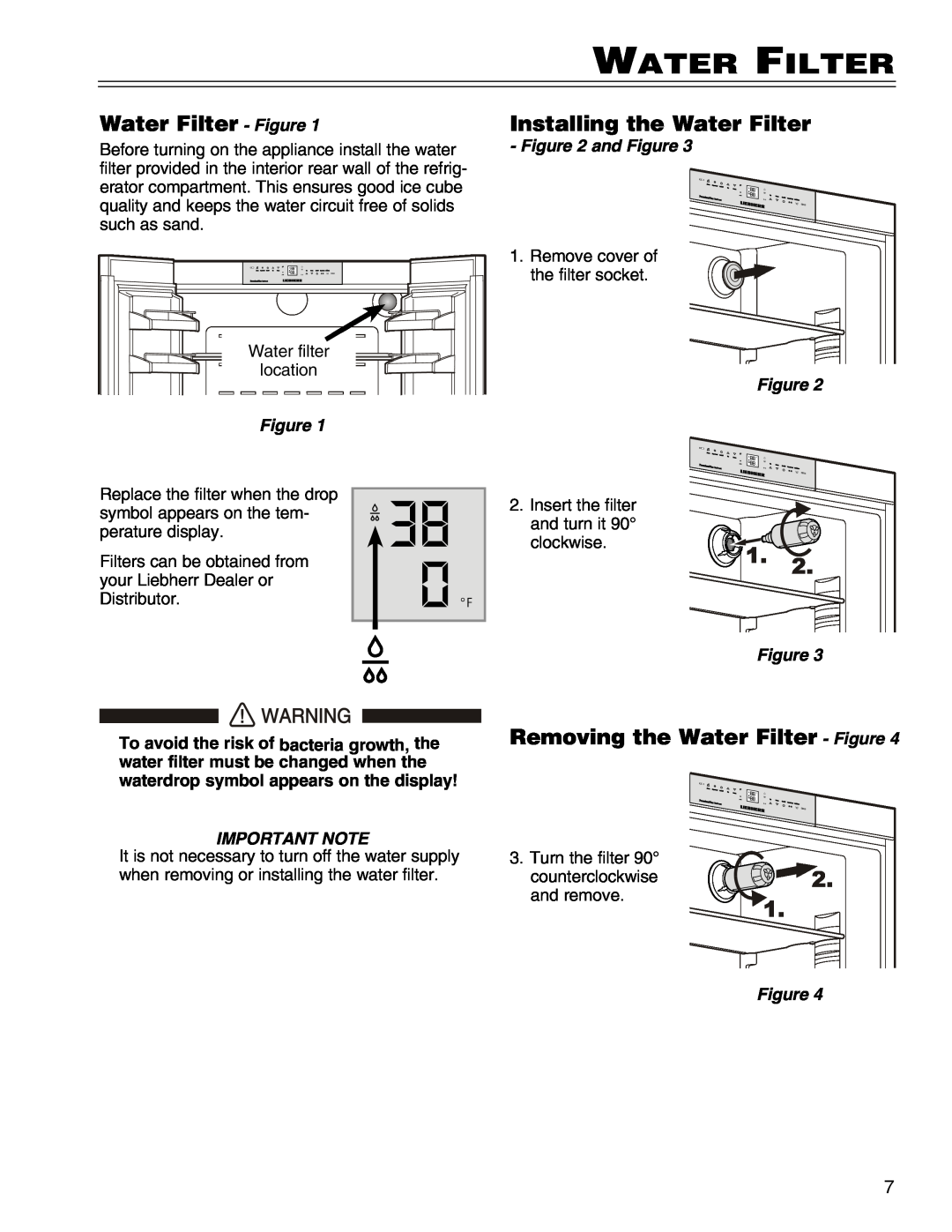Liebherr HCS manual Installing the Water Filter, Removing the Water Filter - Figure, and Figure, Important Note 