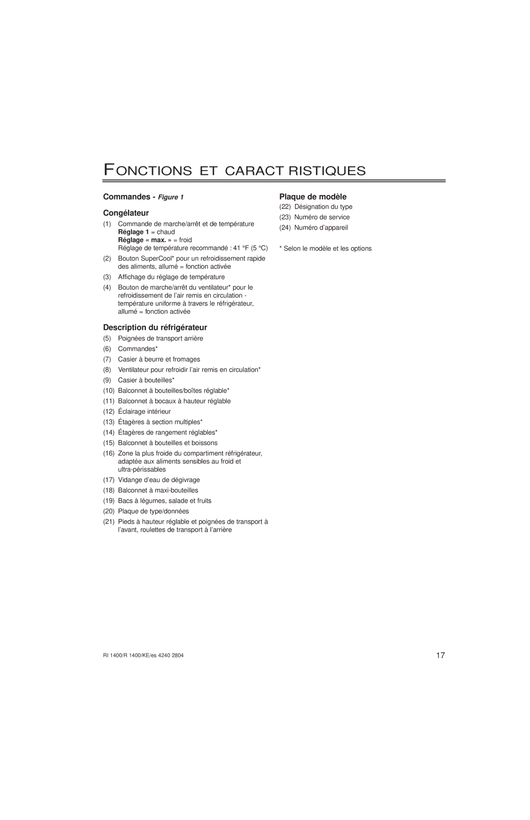 Liebherr RI1400, KE/ES 4240 2804 Fonctions ET Caractéristiques, Commandes Figure Congélateur, Description du réfrigérateur 