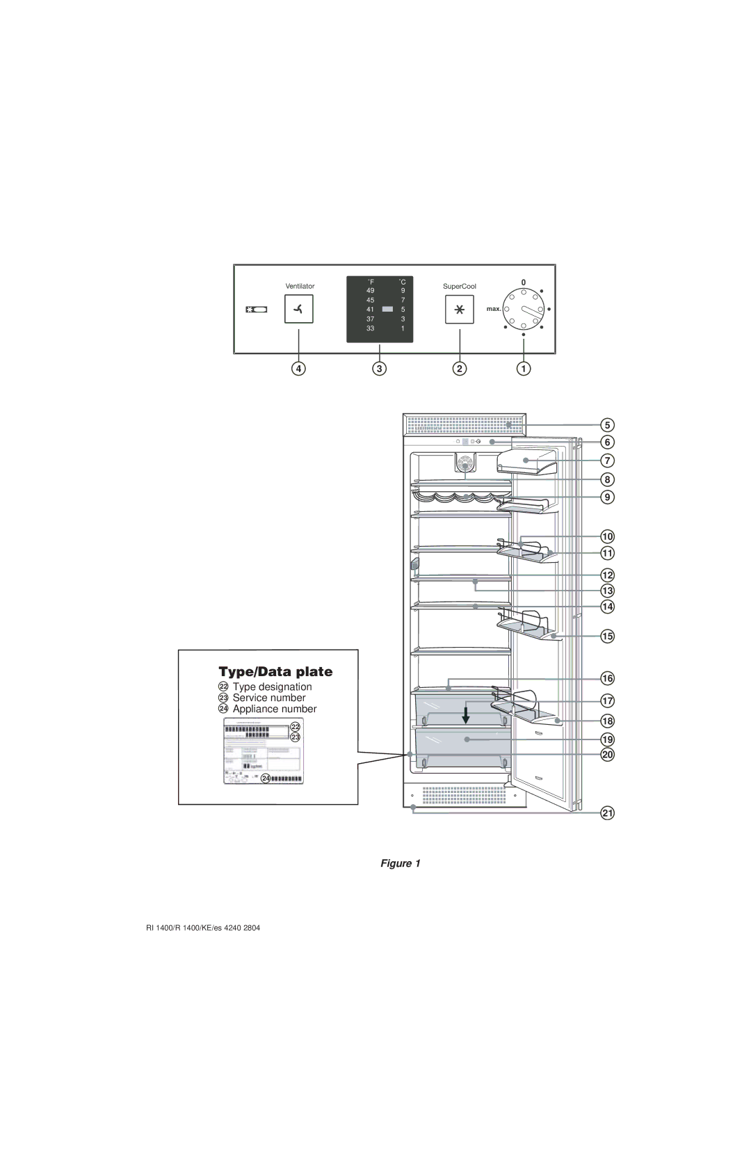 Liebherr 7082 246-00, KE/ES 4240 2804, RI1400, R1400 manuel dutilisation Type/Data plate 