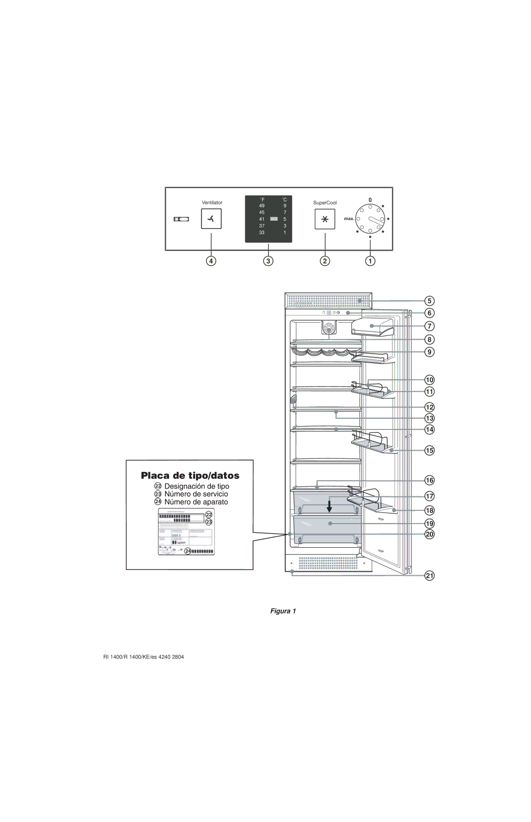 Liebherr R1400, KE/ES 4240 2804, RI1400, 7082 246-00 manuel dutilisation Placa de tipo/datos, Figura 