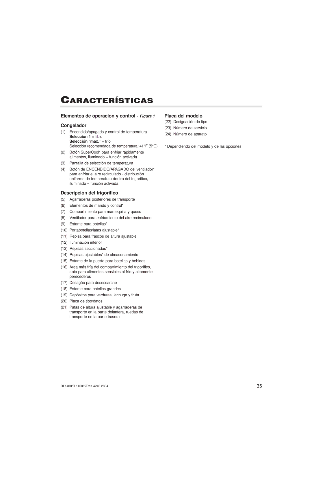 Liebherr 7082 246-00 Características, Elementos de operación y control Figura Congelador, Descripción del frigorífico 