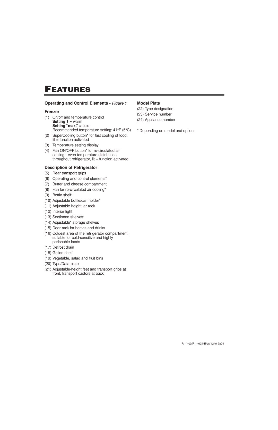 Liebherr KE/ES 4240 2804 Features, Operating and Control Elements Figure Freezer, Description of Refrigerator, Model Plate 