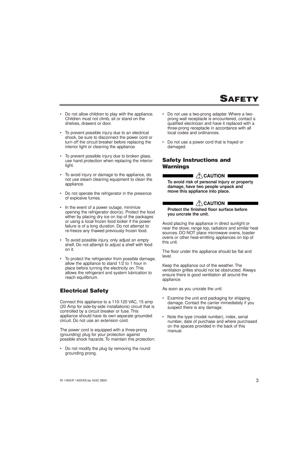 Liebherr 7082 246-00, KE/ES 4240 2804, RI1400, R1400 manuel dutilisation Electrical Safety, Safety Instructions 