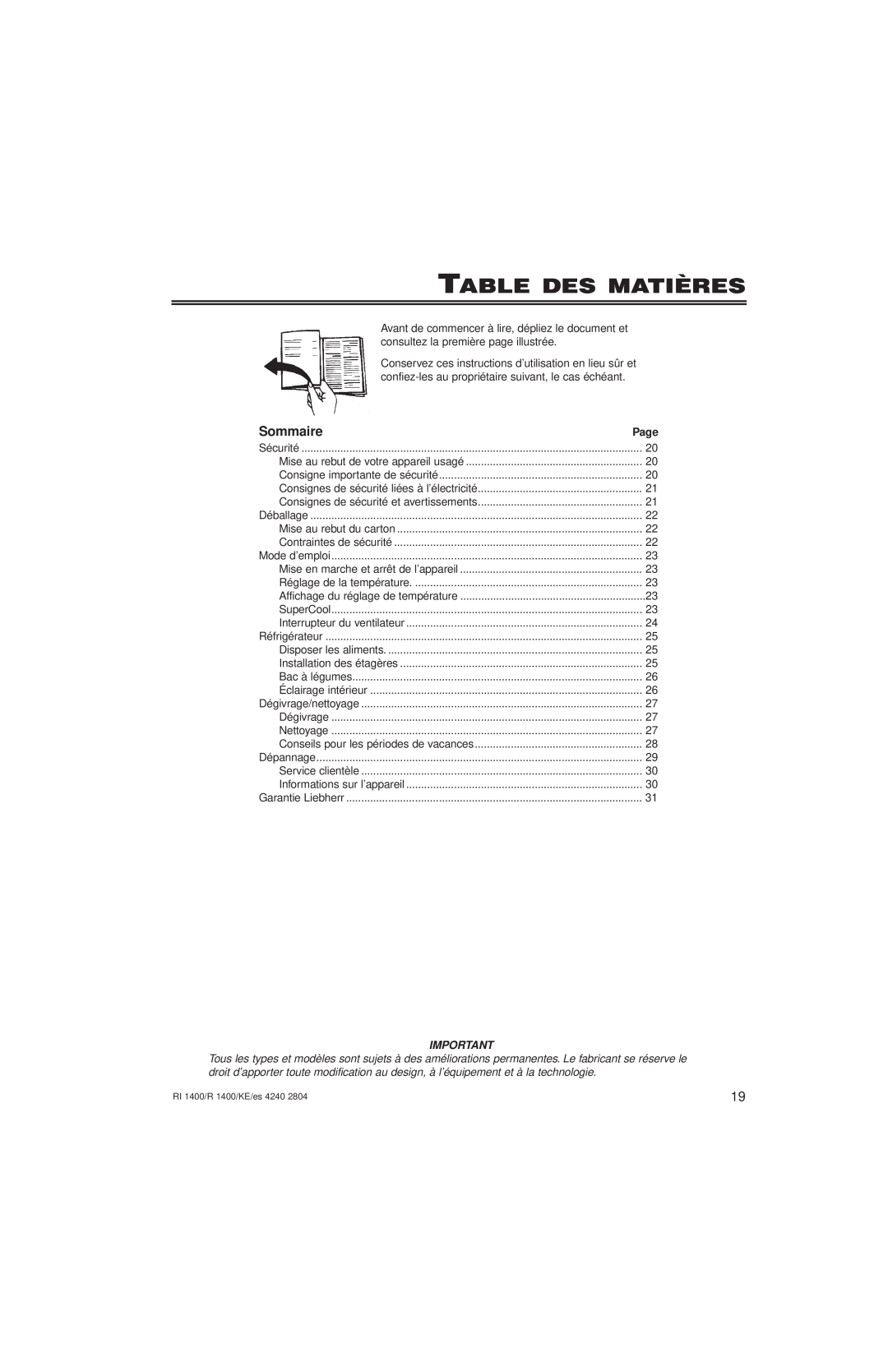 Liebherr 7082 246-00, KE/ES 4240 2804, RI1400, R1400 manuel dutilisation Table Des Matières, Sommaire 
