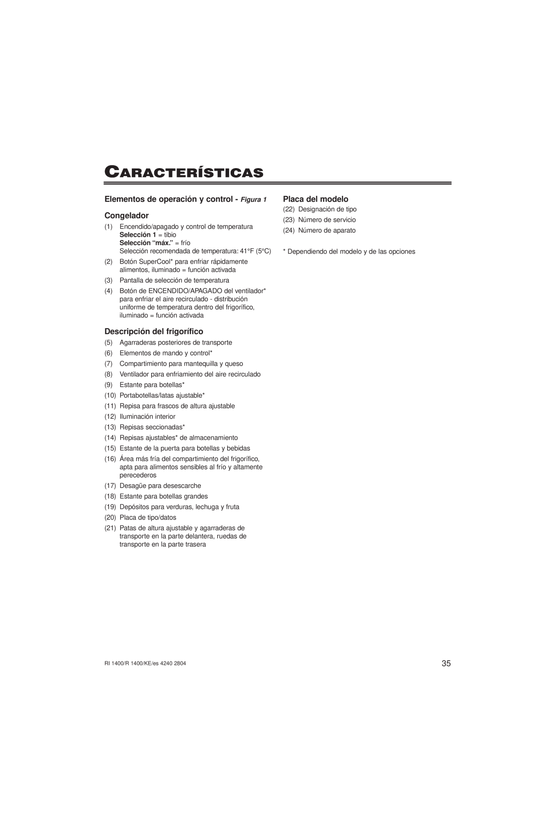 Liebherr 7082 246-00 Características, Elementos de operación y control - Figura, Congelador, Descripción del frigorífico 