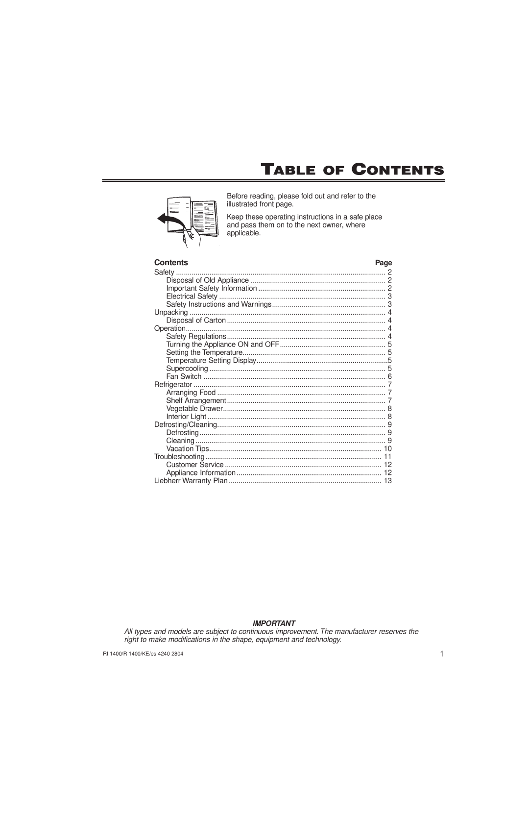 Liebherr RI1400, KE/ES 4240 2804, R1400, 7082 246-00 manuel dutilisation Table Of Contents 